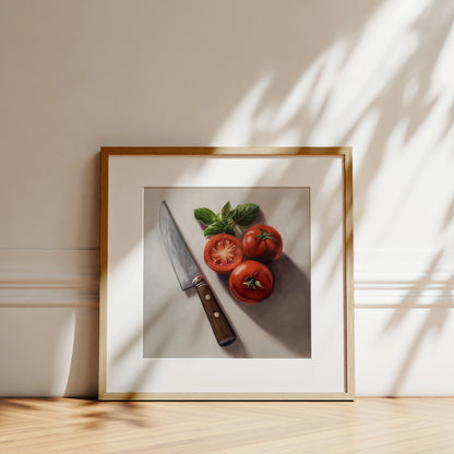 Tomato & Basil Fine Art Print by Lauren Pretorius: a knife next to three tomatoes and basil leaves on a light surface
