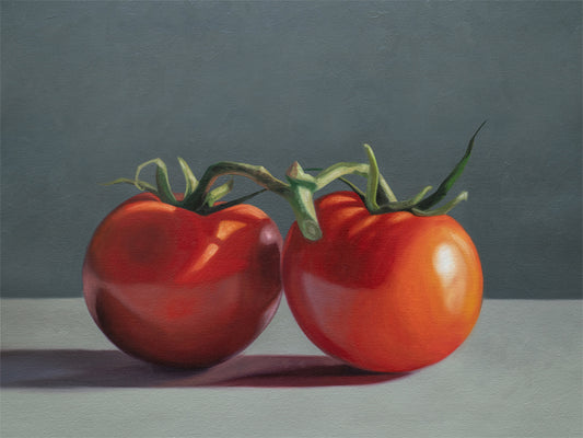 Tomato Pair Fine Art Print by Lauren Pretorius: two tomatoes with green stems on a grey background.