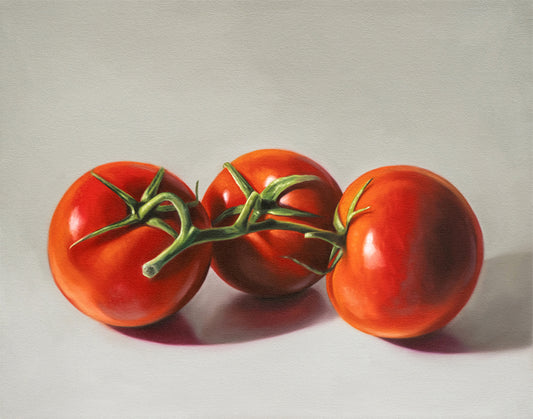 Vibrant still life fine art print of three red tomatoes on the vine, hand-signed on archival cotton rag paper.