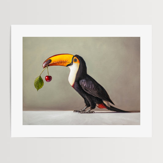 Toucan & Cherry Fine Art Print by Lauren Pretorius: a toucan with a cherry, black, white, and red colors with a gray background.
