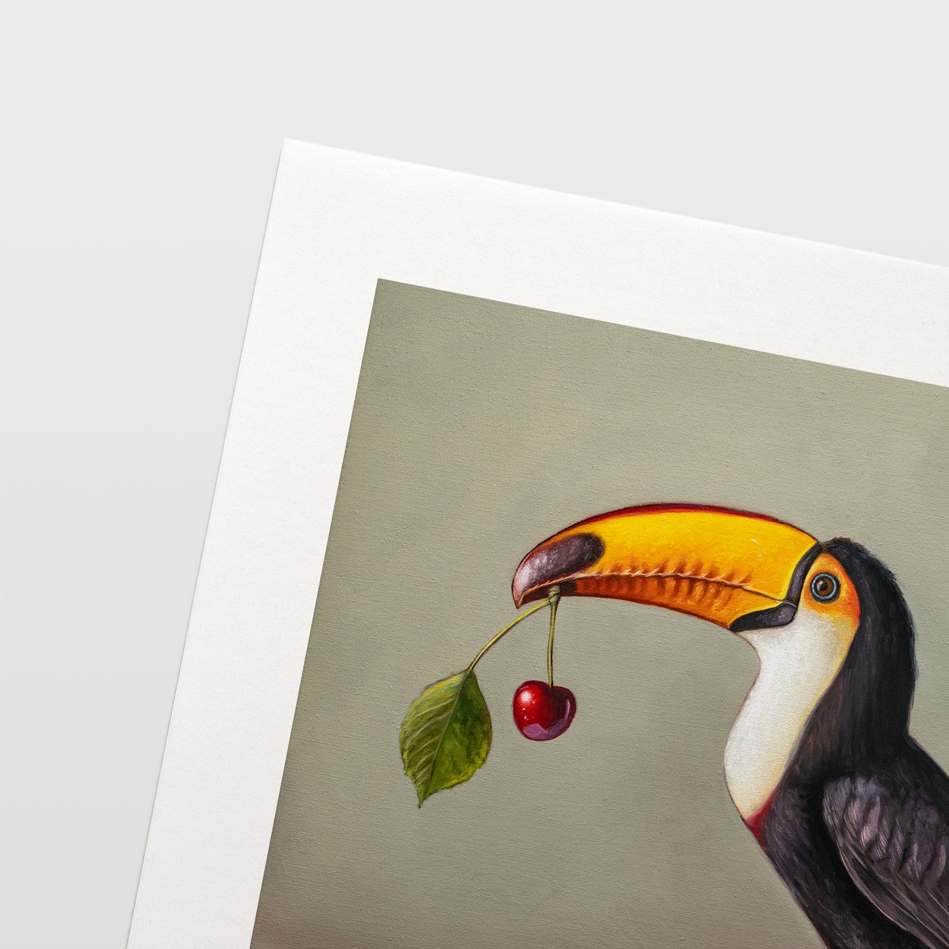 Toucan & Cherry Fine Art Print by Lauren Pretorius: a toucan with a cherry, black, white, and red colors with a gray background.
