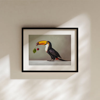 Toucan & Cherry Fine Art Print by Lauren Pretorius: a toucan with a cherry, black, white, and red colors with a gray background.