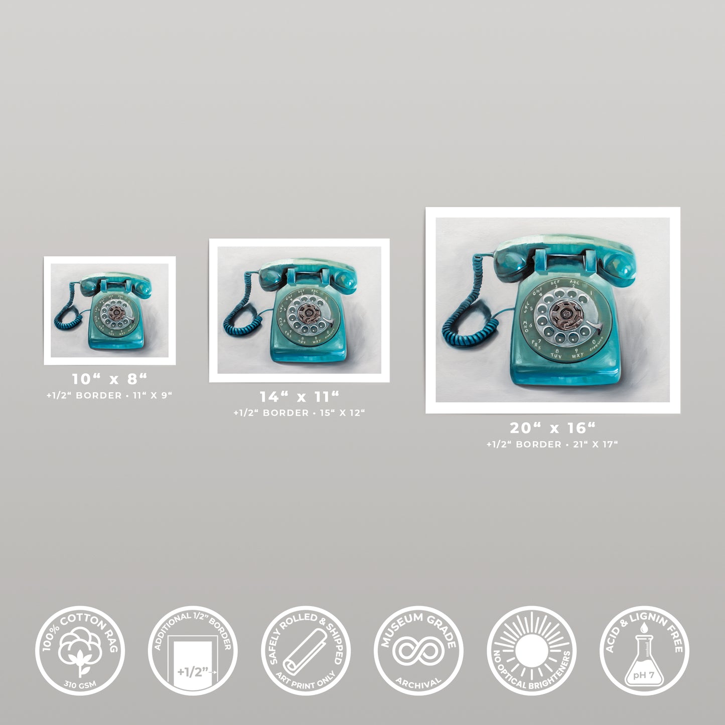 Three turquoise rotary telephone art prints in varying sizes, displayed with white borders.