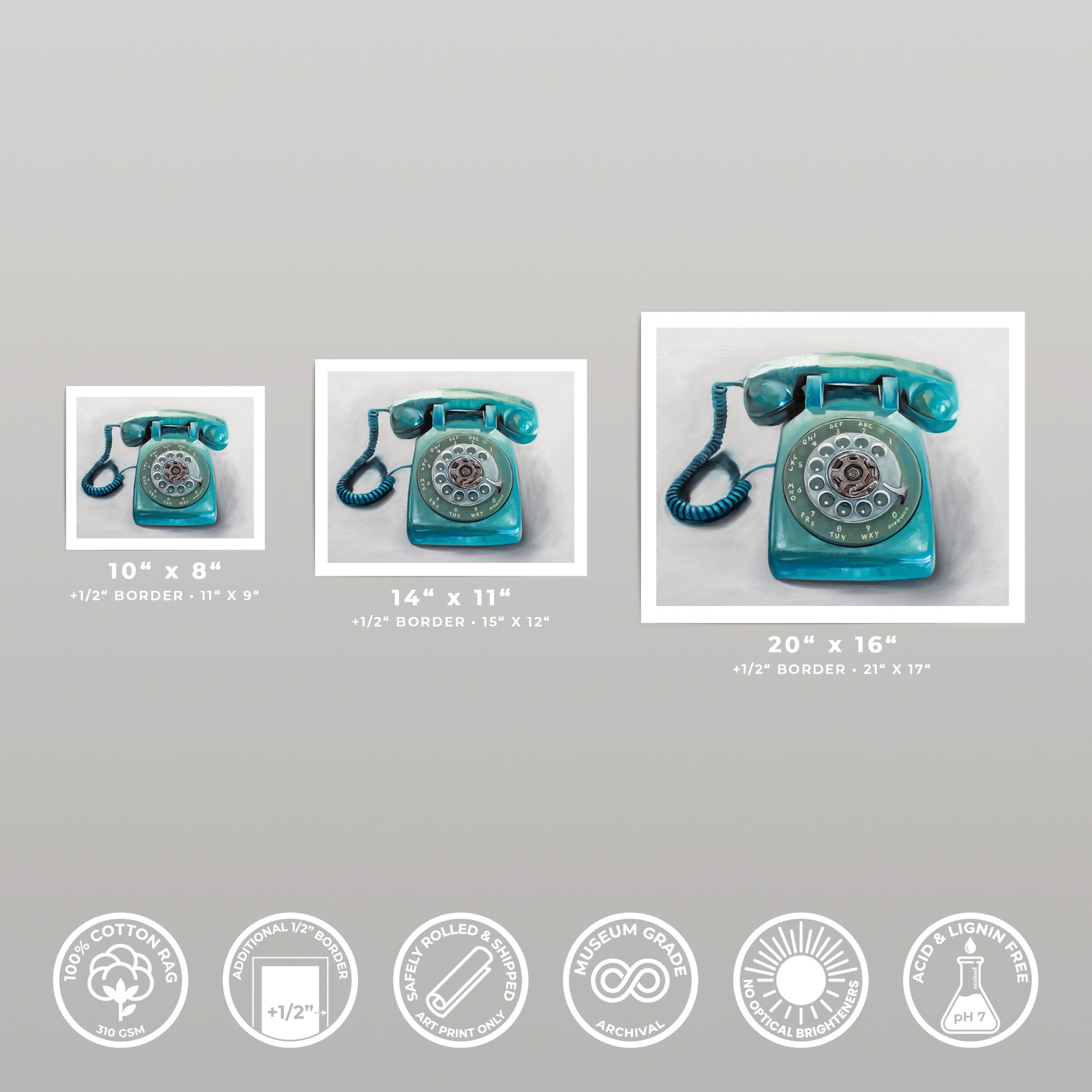 Three turquoise rotary telephone art prints in varying sizes, displayed with white borders.