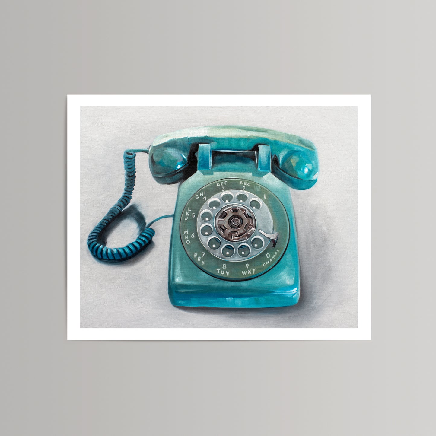 Turquoise vintage rotary telephone fine art print on cotton rag paper with a white border.