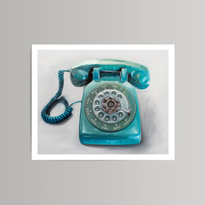 Turquoise vintage rotary telephone fine art print on cotton rag paper with a white border.