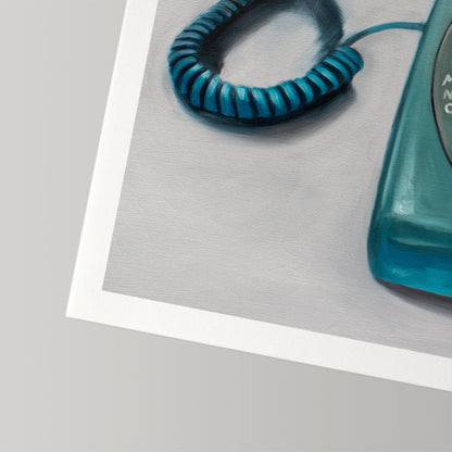 Fine art print of a vintage turquoise rotary telephone with a coiled cord on a gray background.