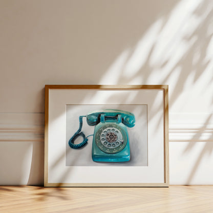 Framed fine art print of a vintage turquoise rotary telephone with a white mat, leaning against a wall.