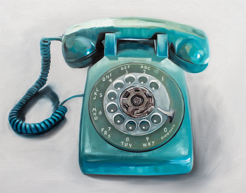 Vibrant turquoise vintage rotary telephone fine art print on a light background.