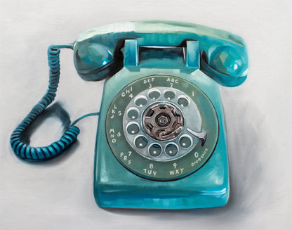 Vibrant turquoise vintage rotary telephone fine art print on a light background.