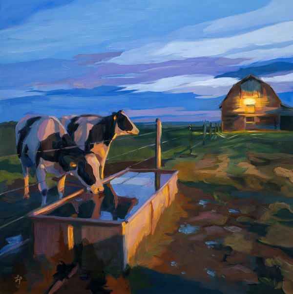 Painting of two cows by a barn at dusk.