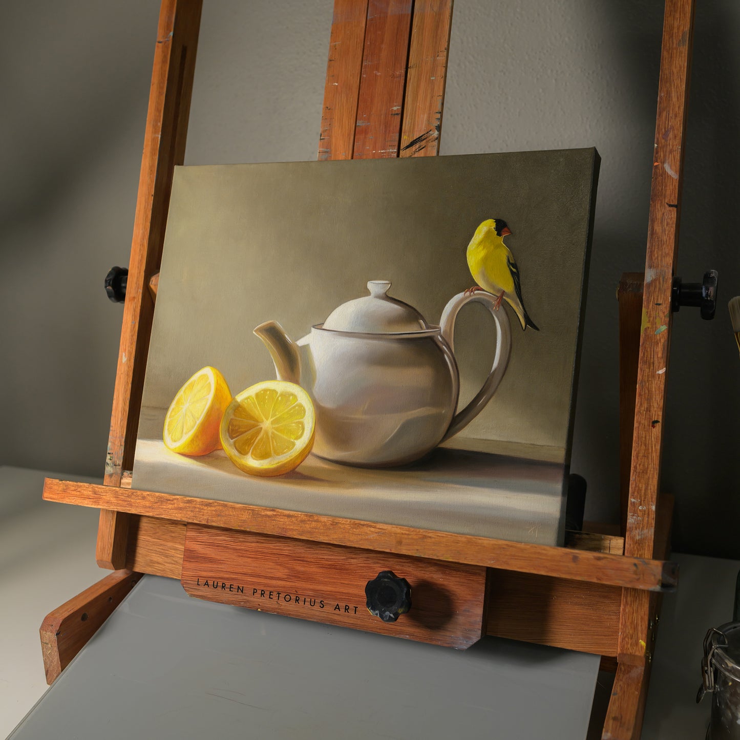 Goldfinch & Teapot | 14" x 11" Original Oil Painting