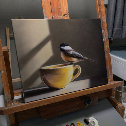 Chickadee & Yellow Cup | 14" x 11" Original Oil Painting