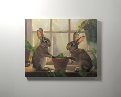 Sunroom Rabbits | 20" x 16" Original Oil Painting