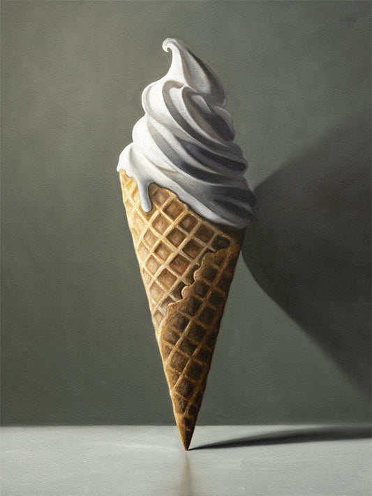 Vanilla Ice Cream Cone Fine Art Print by Lauren Pretorius: a waffle cone packed with a plentiful portion of creamy vanilla ice cream.