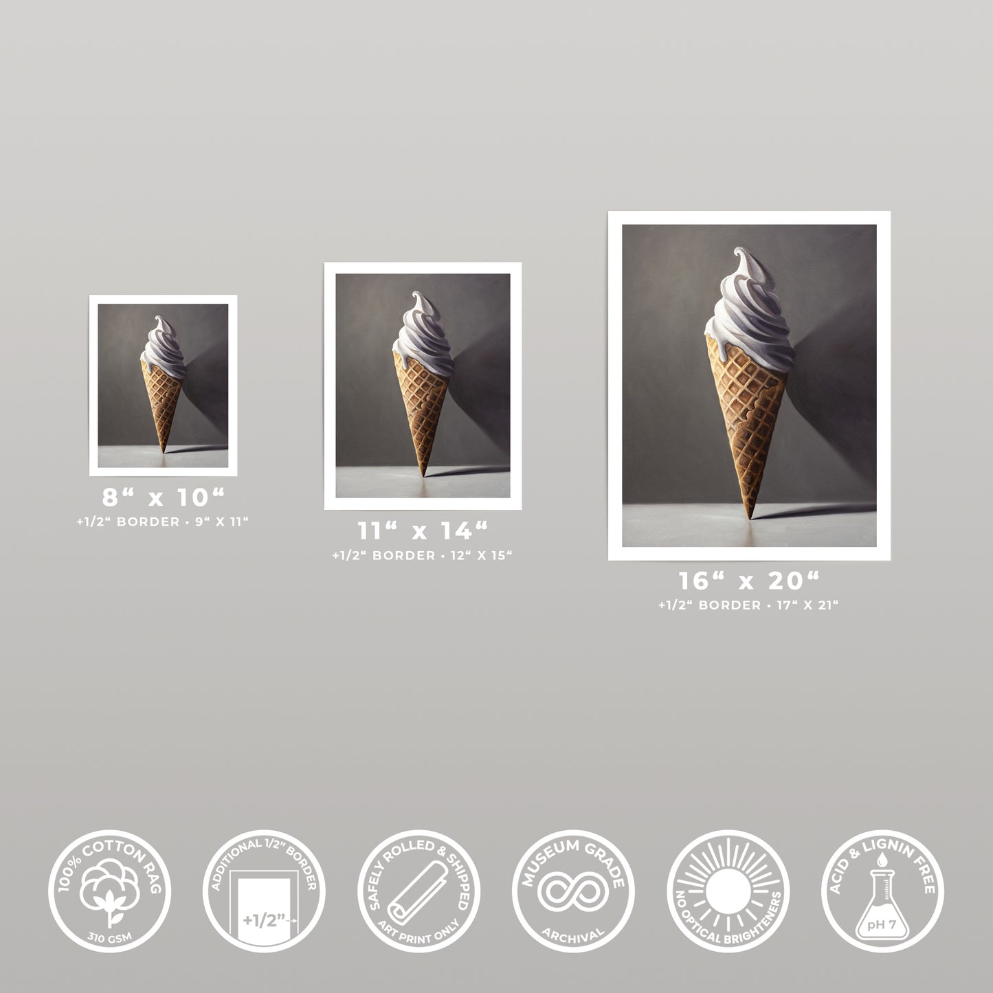 Three fine art prints of a vanilla ice cream cone, displayed in 8x10, 11x14, and 16x20 sizes.