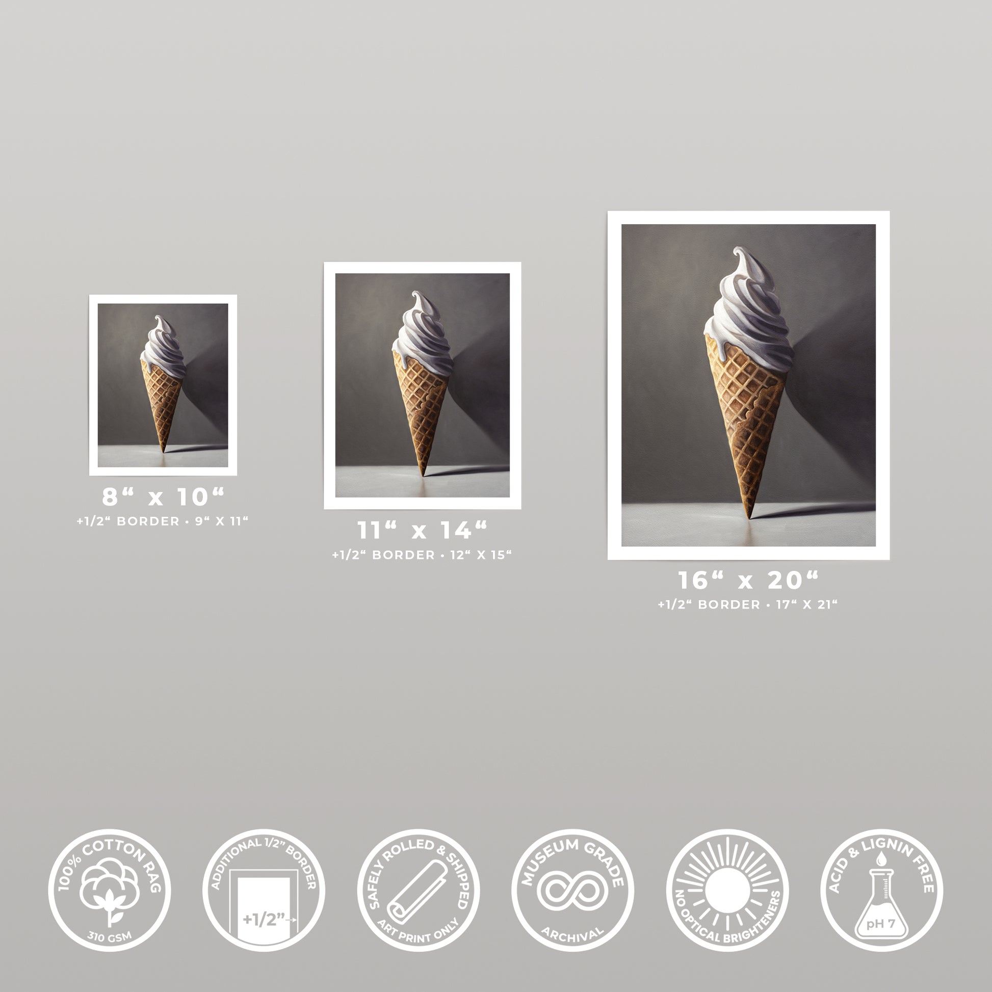 Three fine art prints of a vanilla ice cream cone, displayed in 8x10, 11x14, and 16x20 sizes.
