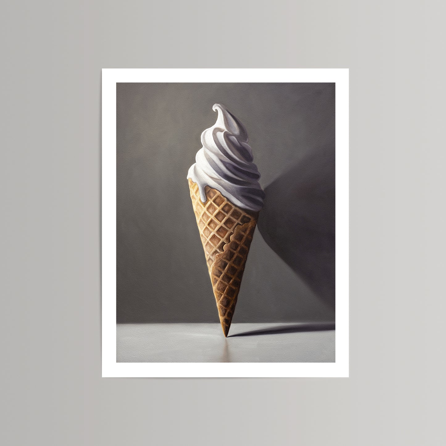 Fine art print of a realistic vanilla soft-serve ice cream cone on a dark gray background.