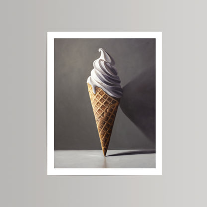 Fine art print of a realistic vanilla soft-serve ice cream cone on a dark gray background.