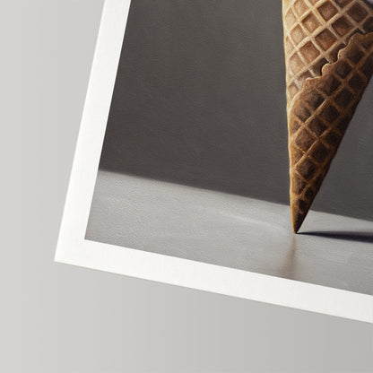 Fine art print of a realistic waffle ice cream cone on a gray background with a white border.