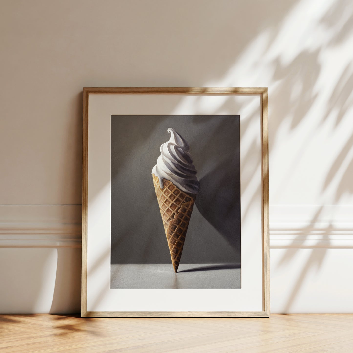 Framed fine art print of a realistic vanilla soft-serve ice cream cone on a dark background.