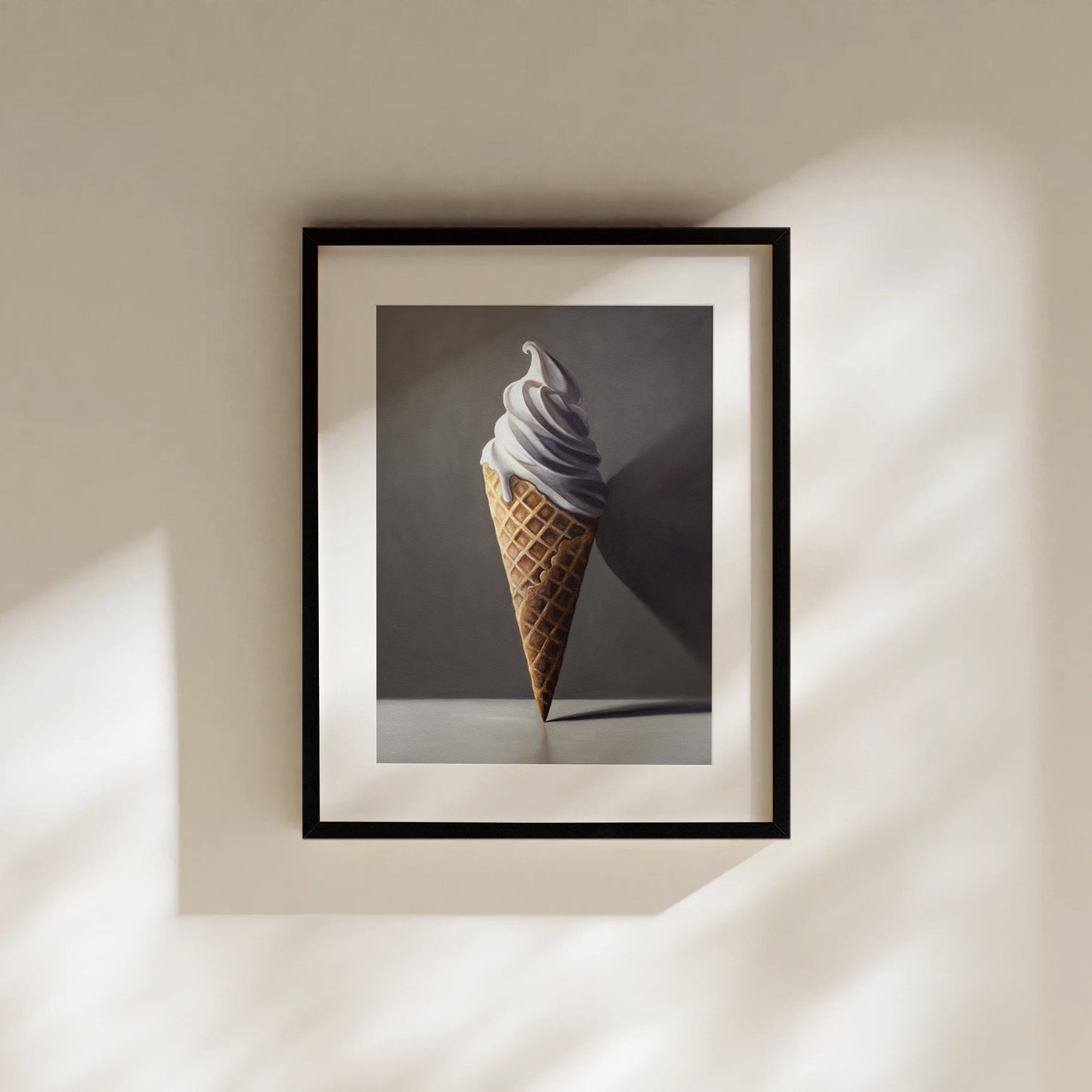 Framed fine art print of a realistic vanilla soft-serve ice cream cone on a light wall with shadows.