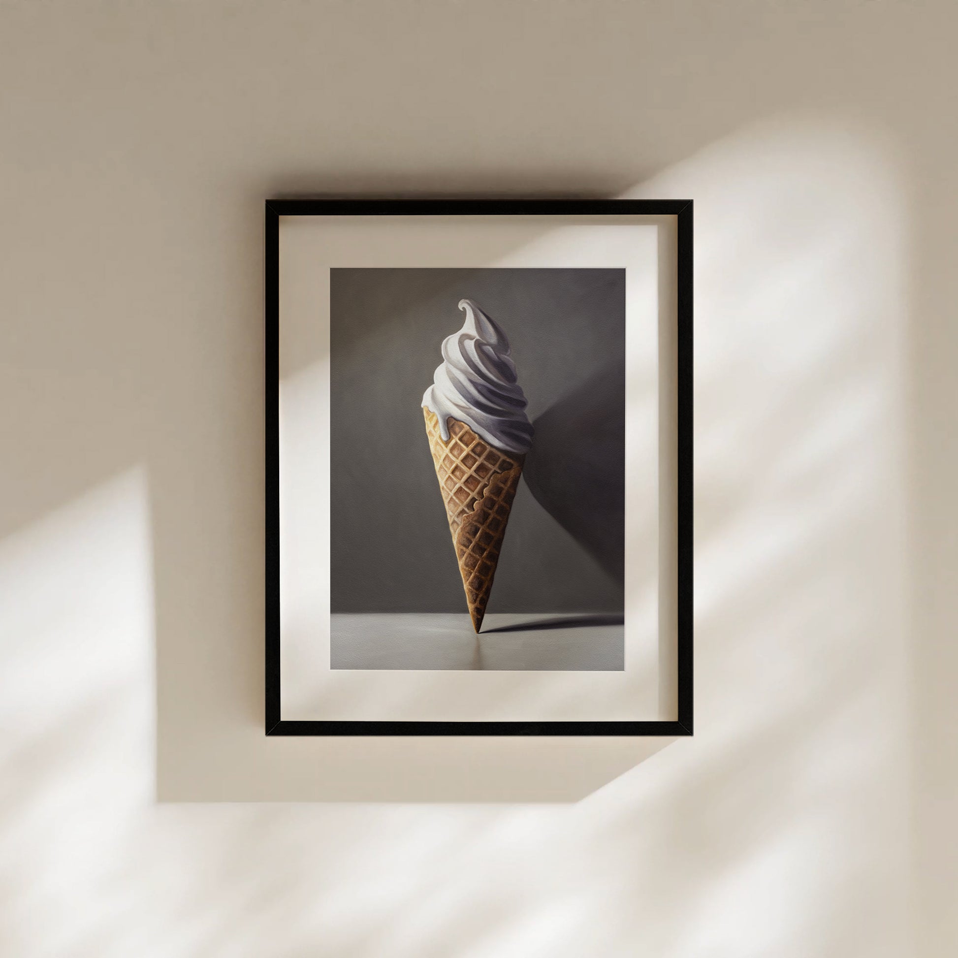 Framed fine art print of a realistic vanilla soft-serve ice cream cone on a light wall with shadows.