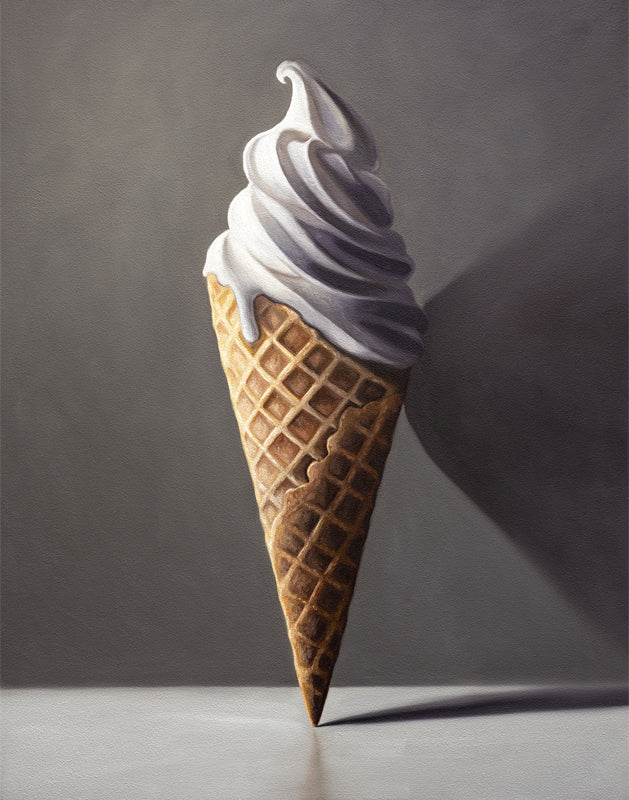 Realistic oil painting of a vanilla soft-serve ice cream cone with a waffle cone, on a gray background.
