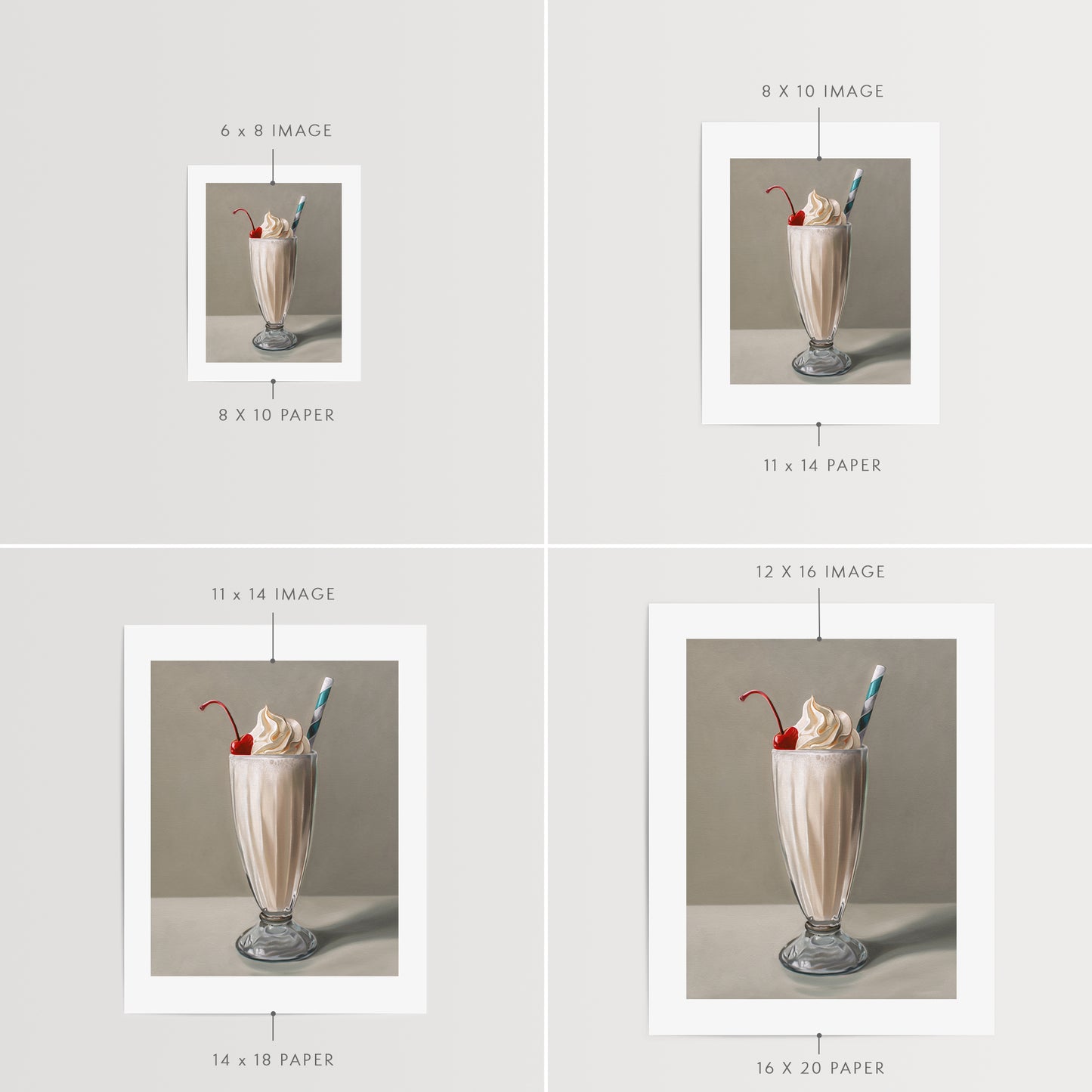 Vanilla Milkshake Fine Art Print by Lauren Pretorius: an ice-cool vanilla milkshake with a generous amount of twisted whip cream, a maraschino cherry and classic striped straw.