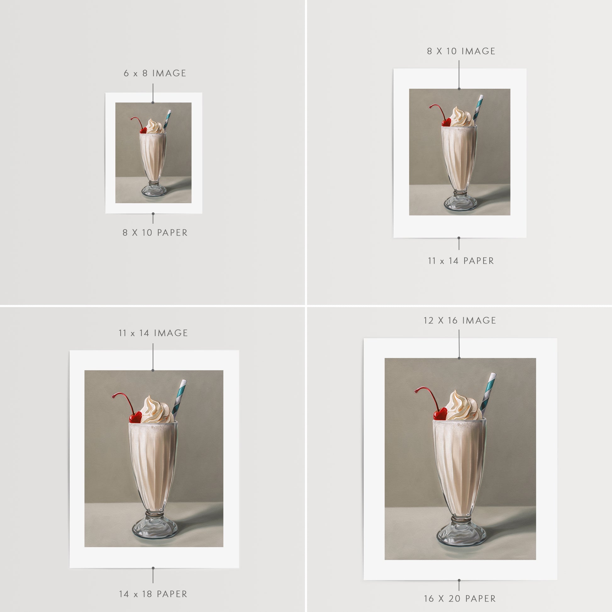 Vanilla Milkshake Fine Art Print by Lauren Pretorius: an ice-cool vanilla milkshake with a generous amount of twisted whip cream, a maraschino cherry and classic striped straw.