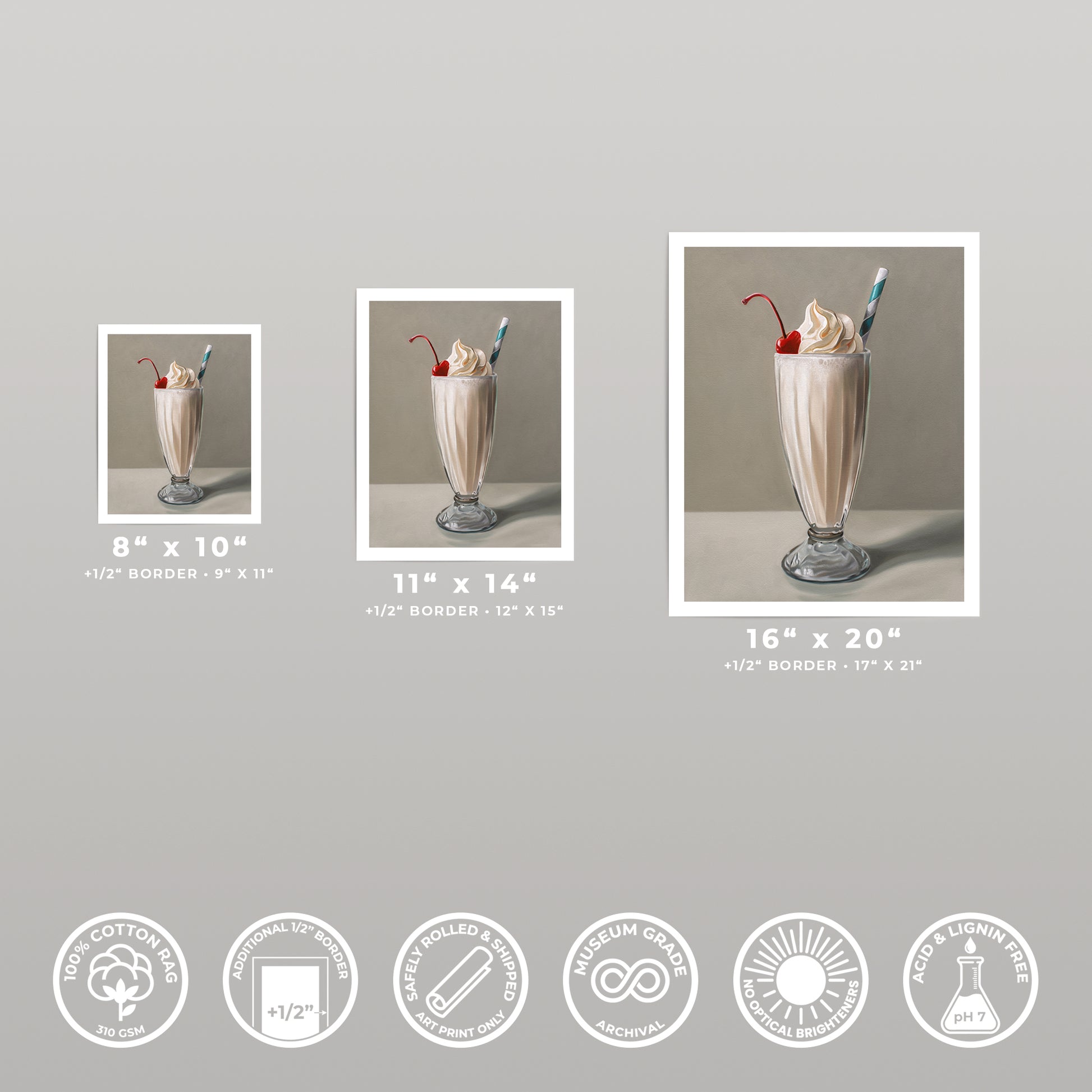 Vanilla milkshake fine art print in three sizes, featuring a cherry and striped straw, with product details.