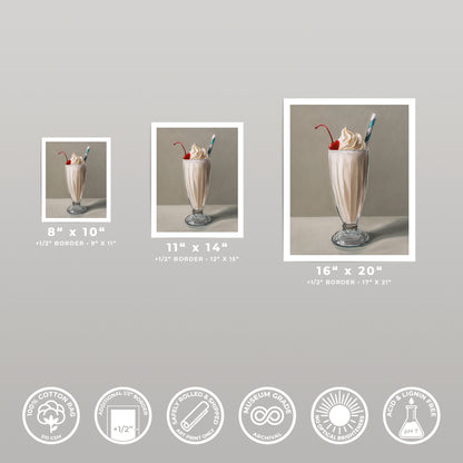 Vanilla milkshake fine art print in three sizes, featuring a cherry and striped straw, with product details.