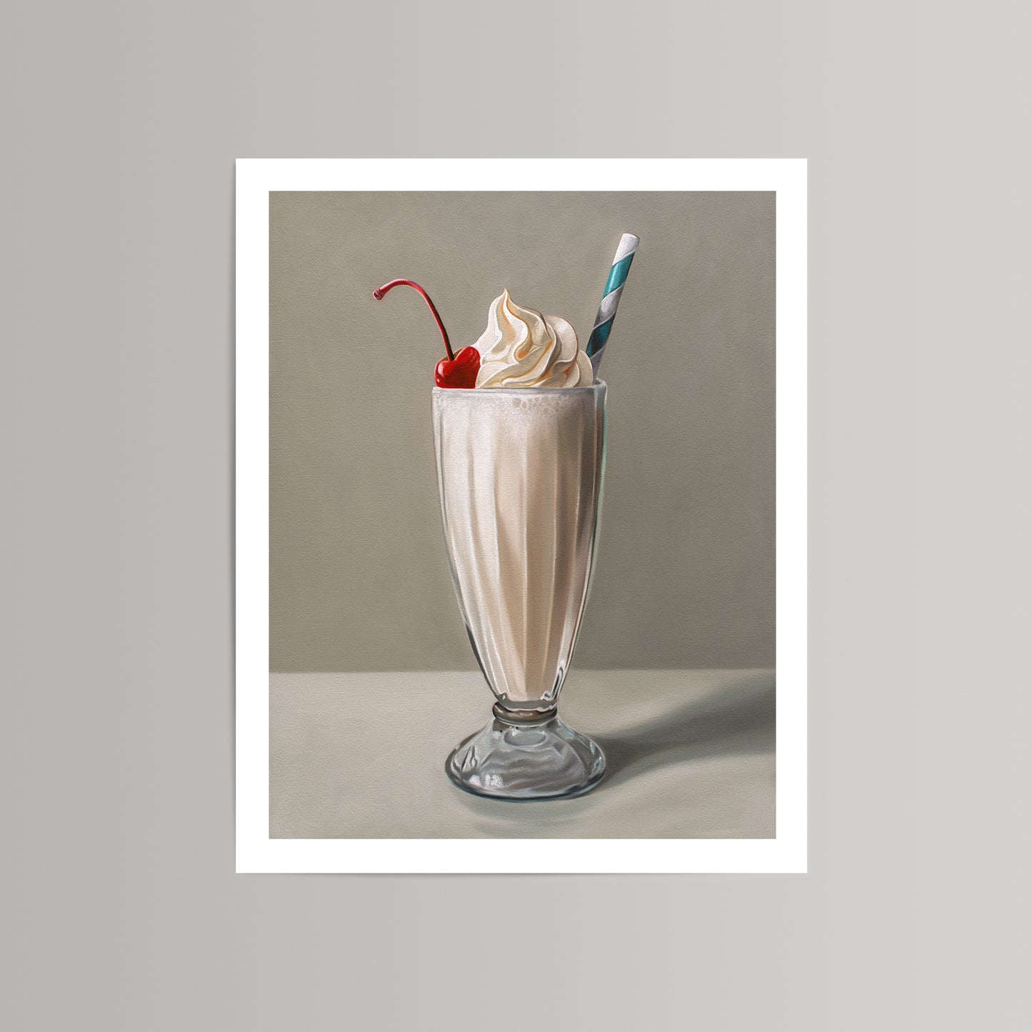 Vanilla milkshake art print with whipped cream, a red cherry, and a blue striped straw in a tall glass.