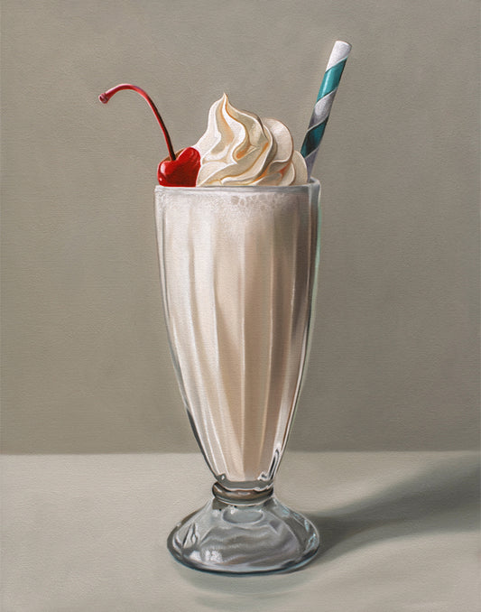 Realistic fine art print of a vanilla milkshake in a ribbed glass, topped with whipped cream, a cherry, and a striped straw.