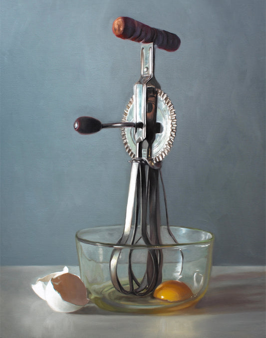 Vintage egg beater art print with metal whisk, glass bowl, cracked egg, and yolk on a gray background.