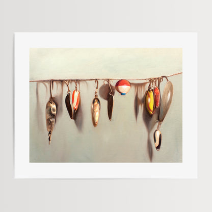 Vintage Fishing Lures Fine Art Print by Lauren Pretorius: a string fashioned with a variety of vintage fishing lures.