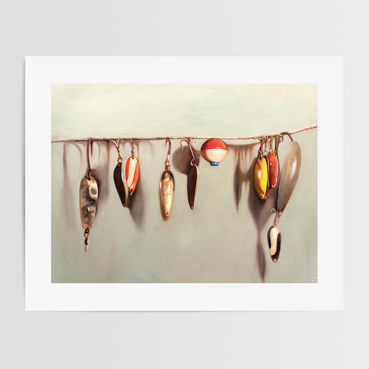 Vintage Fishing Lures Fine Art Print by Lauren Pretorius: a string fashioned with a variety of vintage fishing lures.