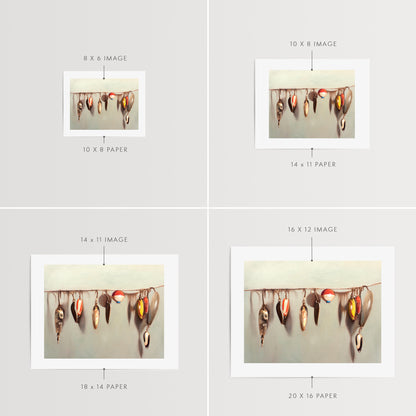 Vintage Fishing Lures Fine Art Print by Lauren Pretorius: a string fashioned with a variety of vintage fishing lures.