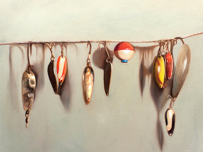Vintage Fishing Lures Fine Art Print by Lauren Pretorius: a string fashioned with a variety of vintage fishing lures.