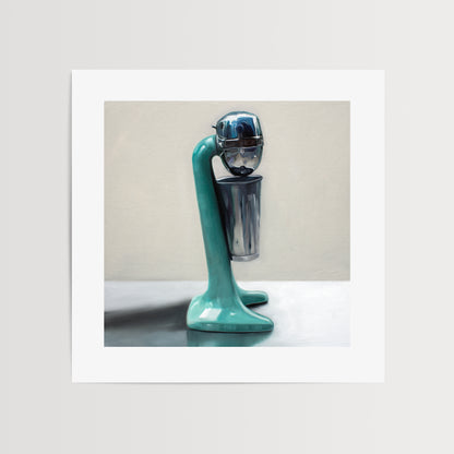 Vintage Milkshake Mixer Fine Art Print by Lauren Pretorius: a vintage turquoise milkshake mixer resting on a light reflective surface and grey background.