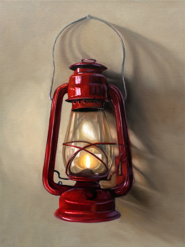 Vintage Red Lantern Fine Art Print by Lauren Pretorius: A vintage red lantern hangs from a single nail and casts a variety of interesting light and shadows upon the wall.
