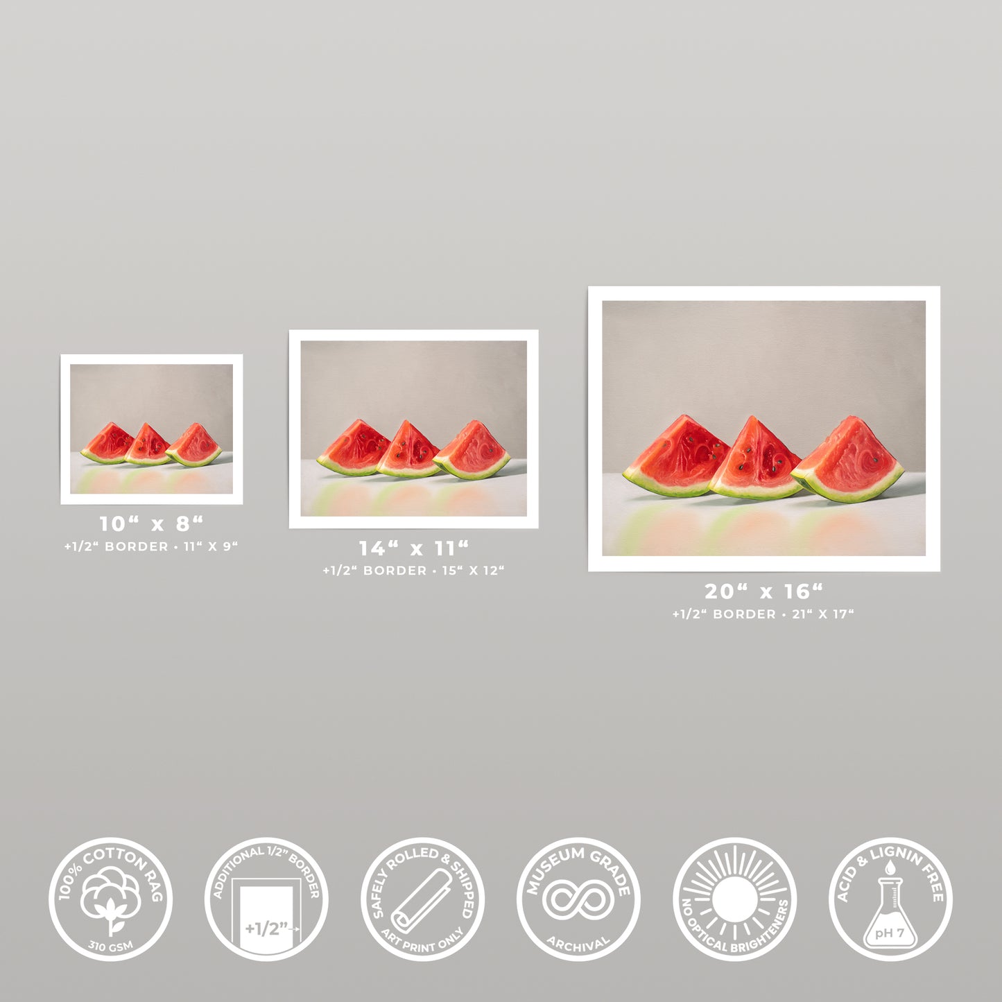 Three framed watermelon slice art prints in various sizes, with product feature icons below.