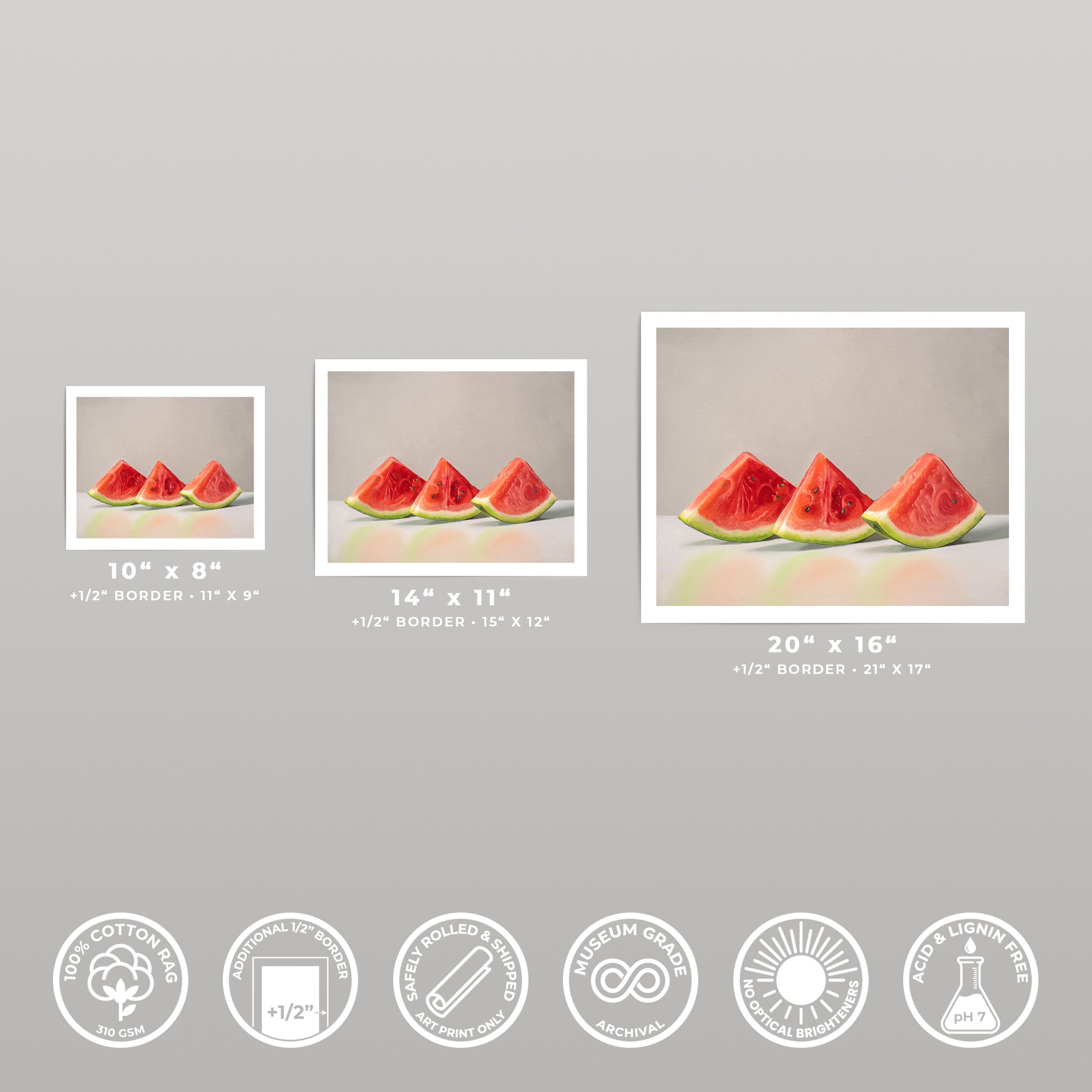 Three framed watermelon slice art prints in various sizes, with product feature icons below.