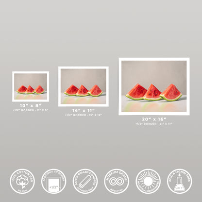 Three framed watermelon slice art prints in various sizes, with product feature icons below.