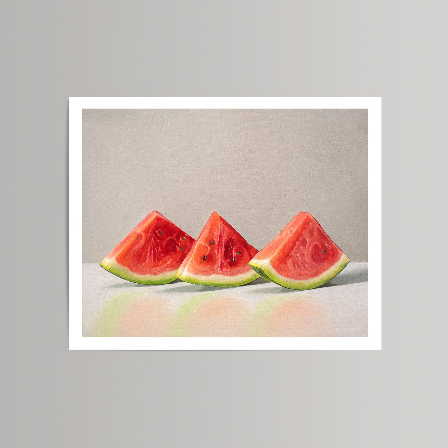 Vibrant fine art print of three red watermelon slices with green rinds on museum-grade cotton rag paper.