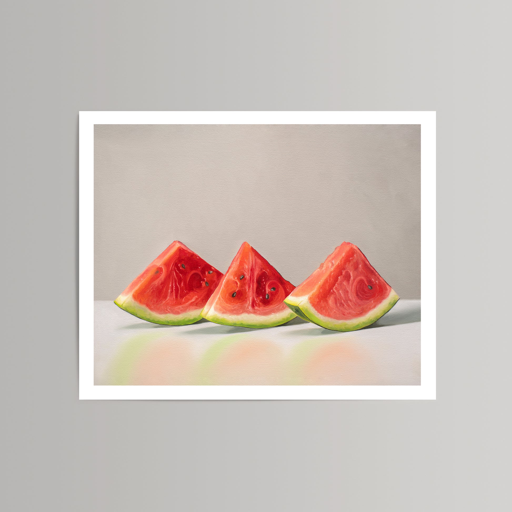 Vibrant fine art print of three red watermelon slices with green rinds on museum-grade cotton rag paper.