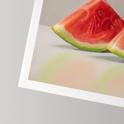 Vibrant watermelon slice art print on cotton rag paper with a white border.