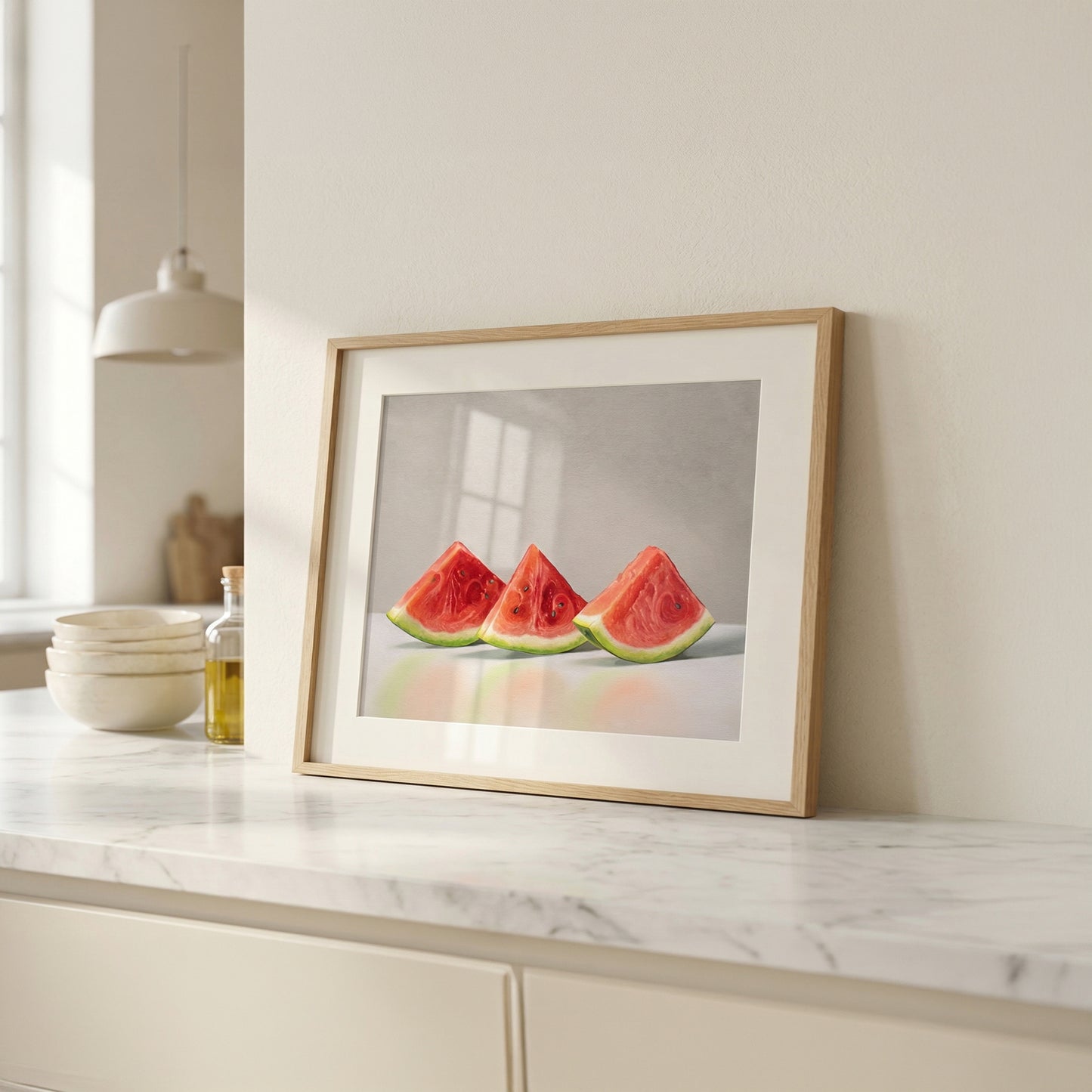 Fine art print of three vibrant red watermelon slices in a light wood frame on a marble counter.