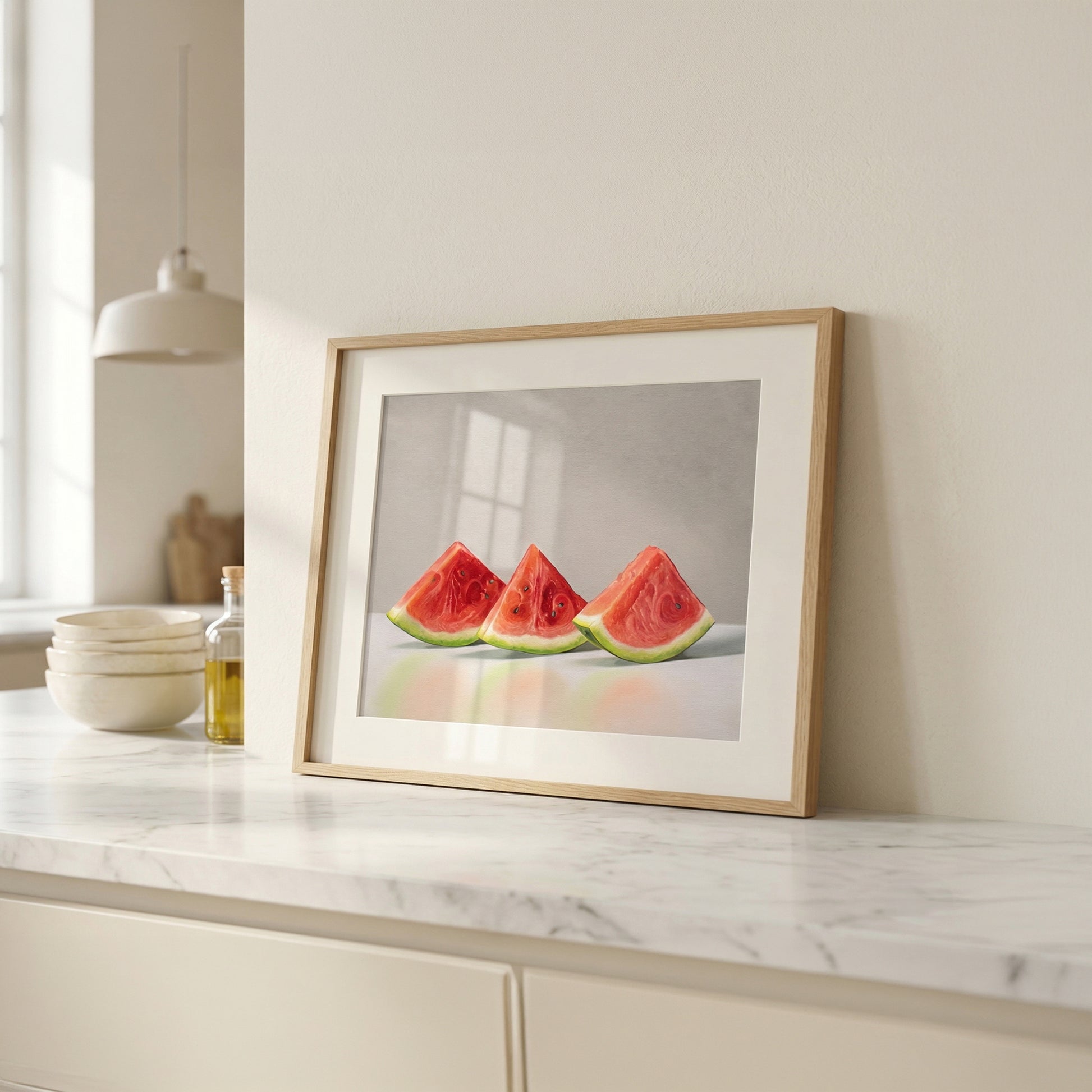 Fine art print of three vibrant red watermelon slices in a light wood frame on a marble counter.