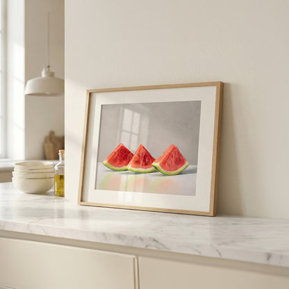 Fine art print of three vibrant red watermelon slices in a light wood frame on a marble counter.